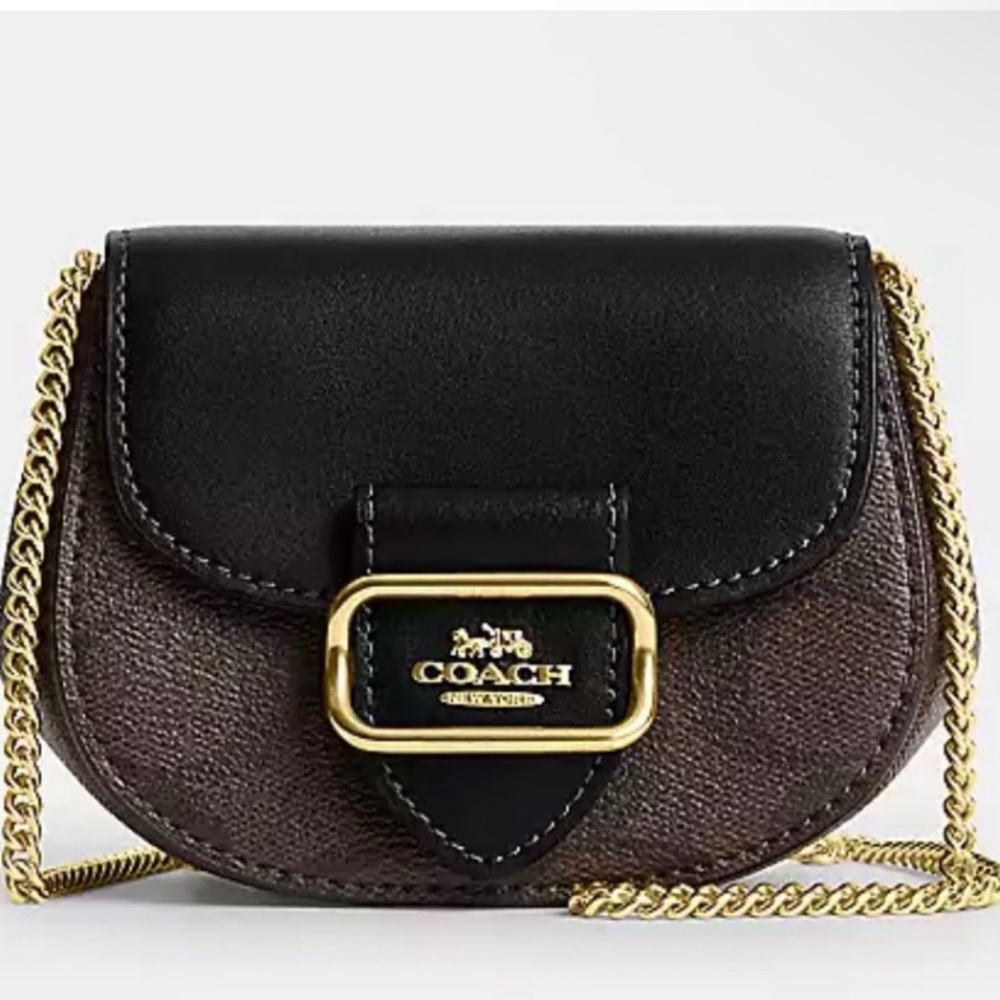 Coach Black and Brown Shoulder Bag with Gold Chain